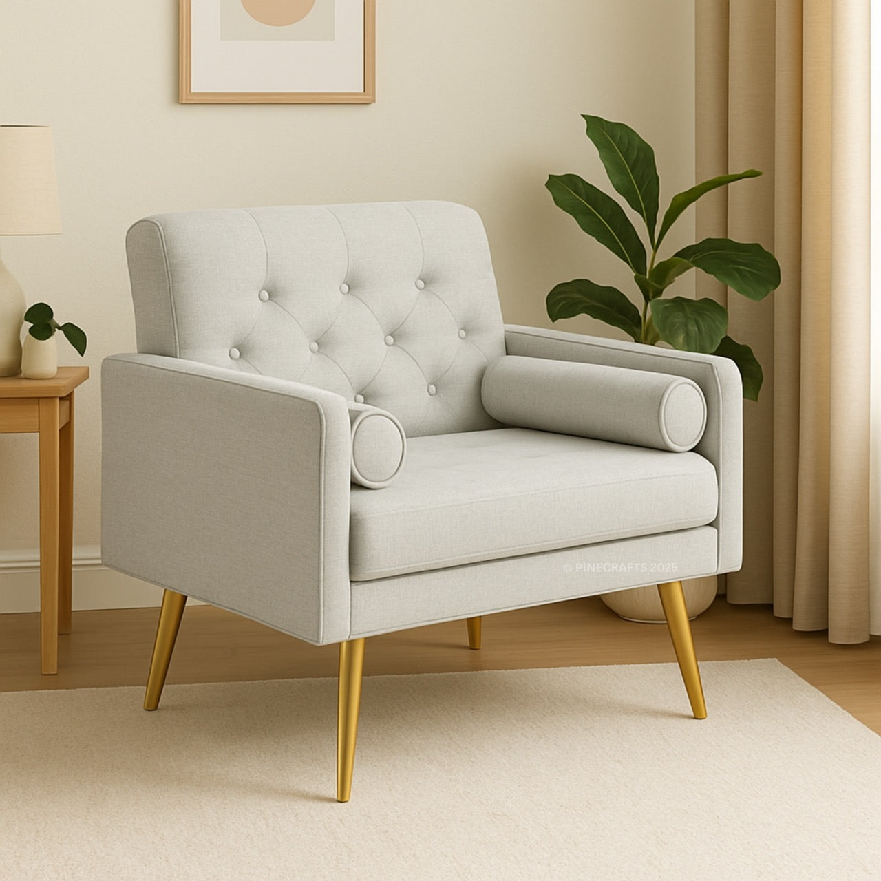 Gray armchair with gold legs in a living room setting